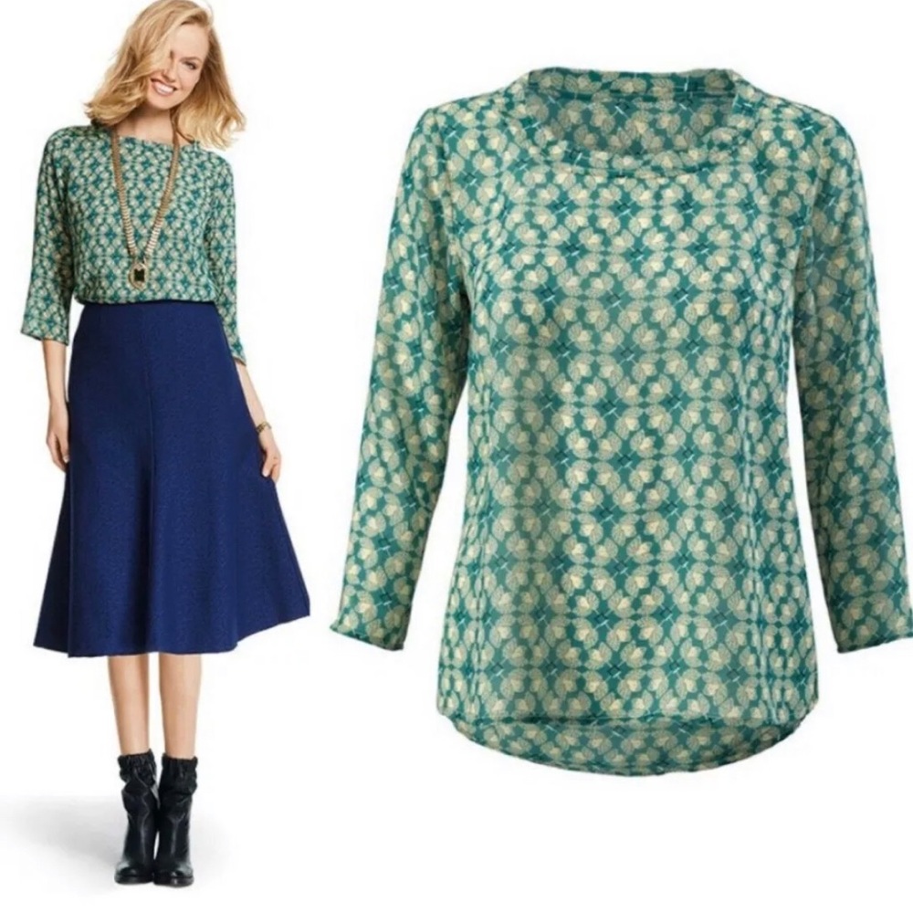 CAbi Jade Leaf 3069 Raw Neckline Blouse L